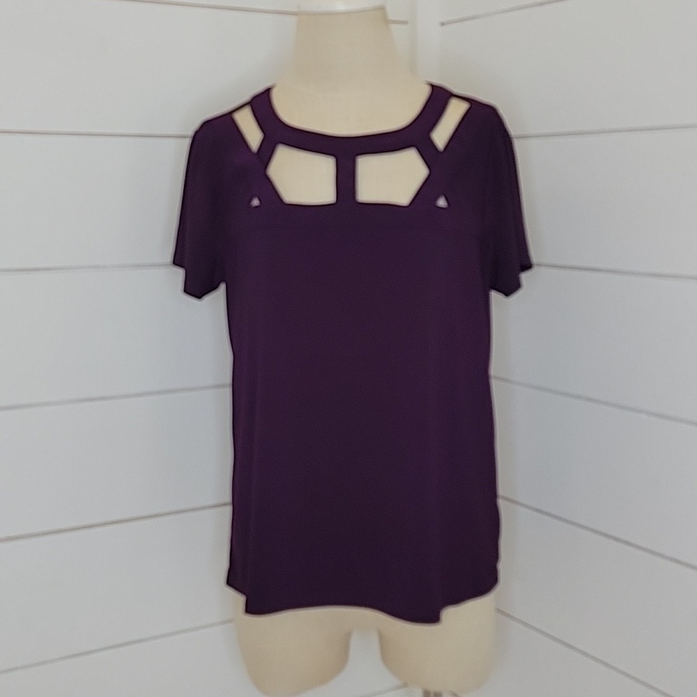 AUW purple medium stretchy short sleeve cutout blouse